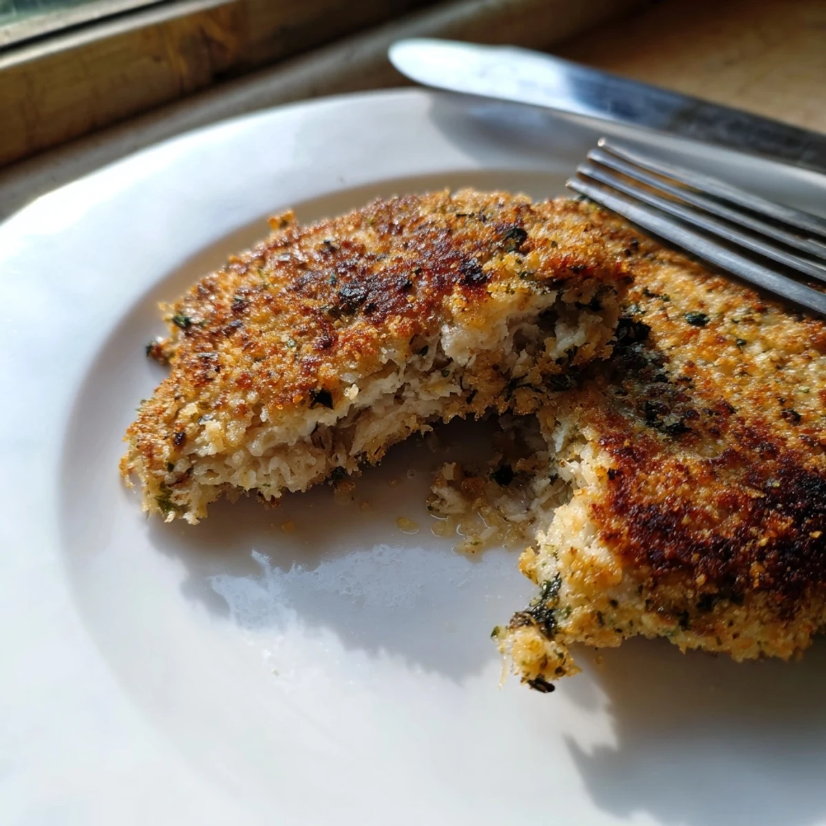 Savory herbed Parmesan chicken sliced open revealing juicy meat topped with fresh parsley