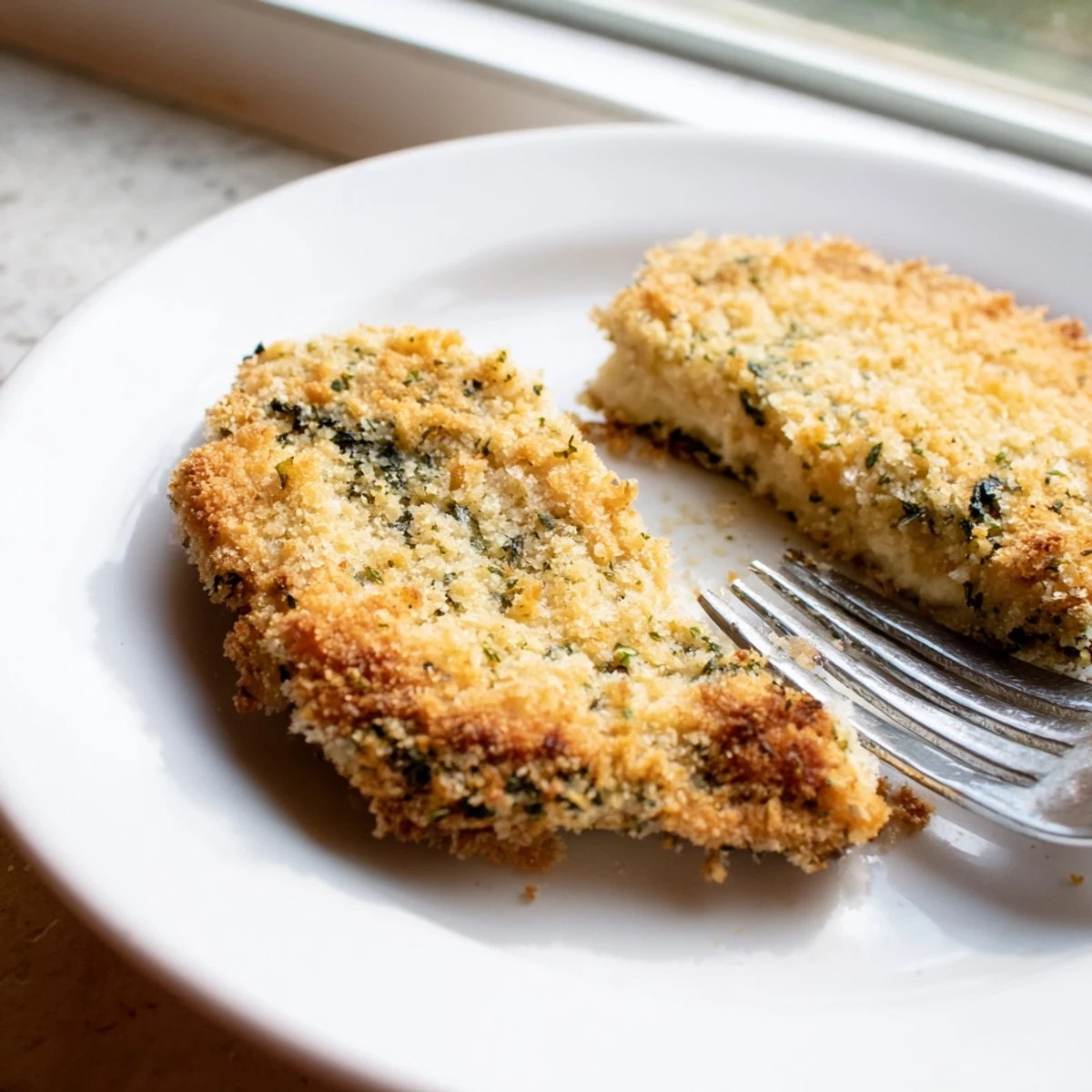 Crispy coated savory herbed Parmesan chicken served alongside a bright lemon wedge and salad