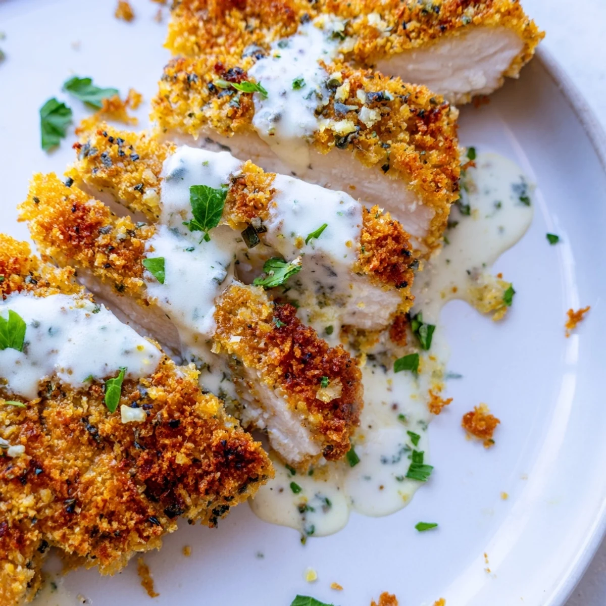 Golden crispy Parmesan chicken drizzled with velvety garlic cream sauce on a white plate