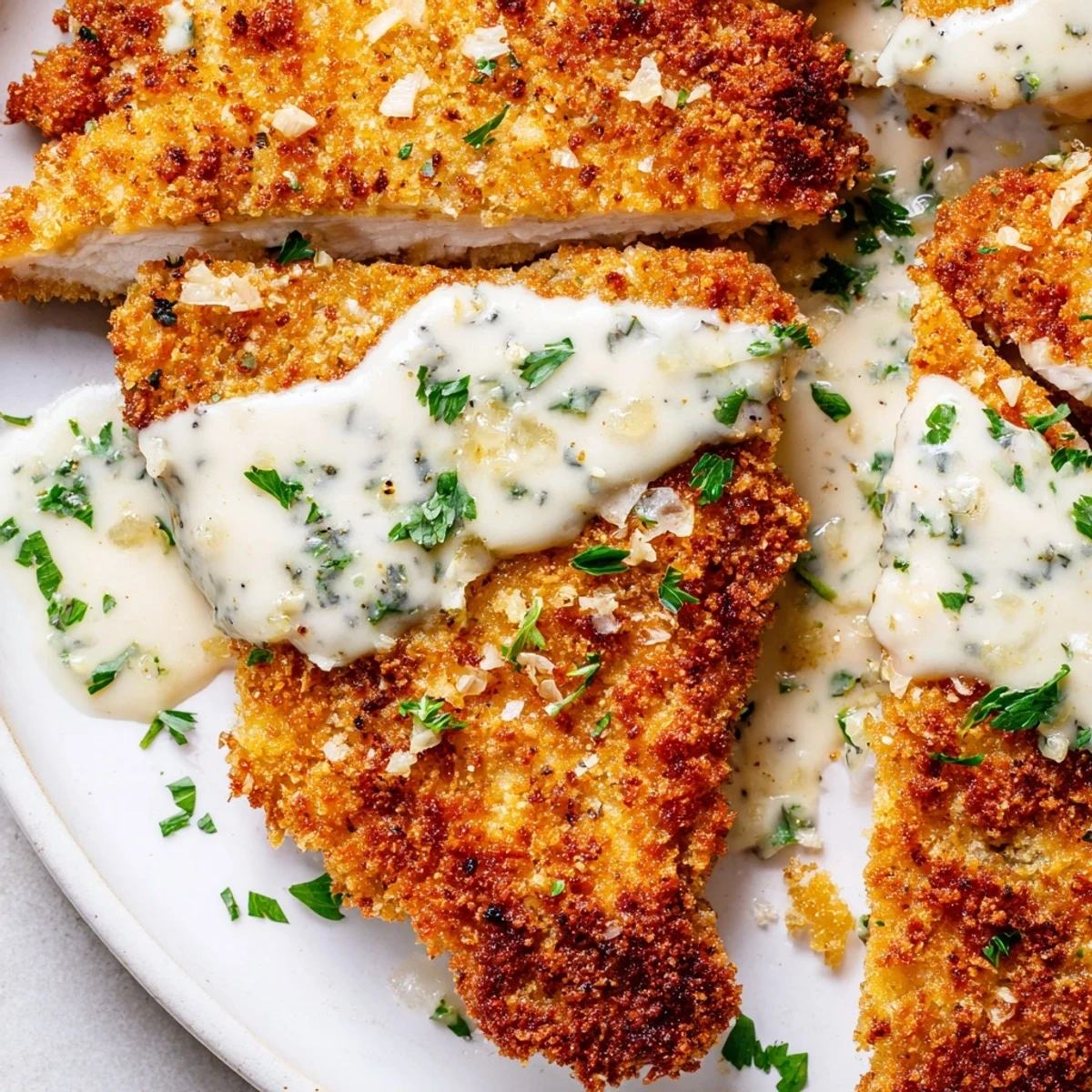 Crispy Parmesan chicken with creamy garlic sauce served alongside buttery mashed potatoes