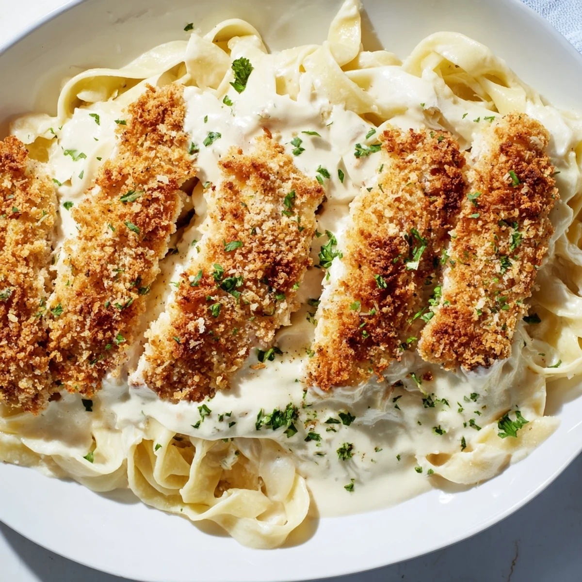 Golden crispy chicken Alfredo layered over creamy fettuccine pasta on a plate