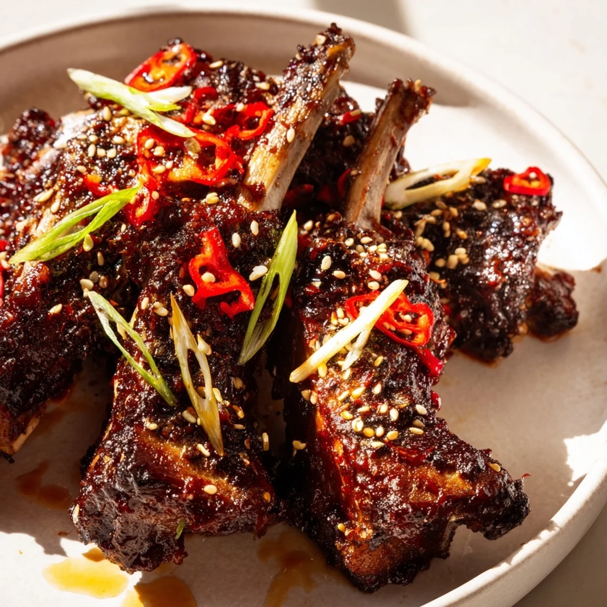 Tender Korean BBQ lamb ribs topped with scallions and a fresh yuzu squeeze