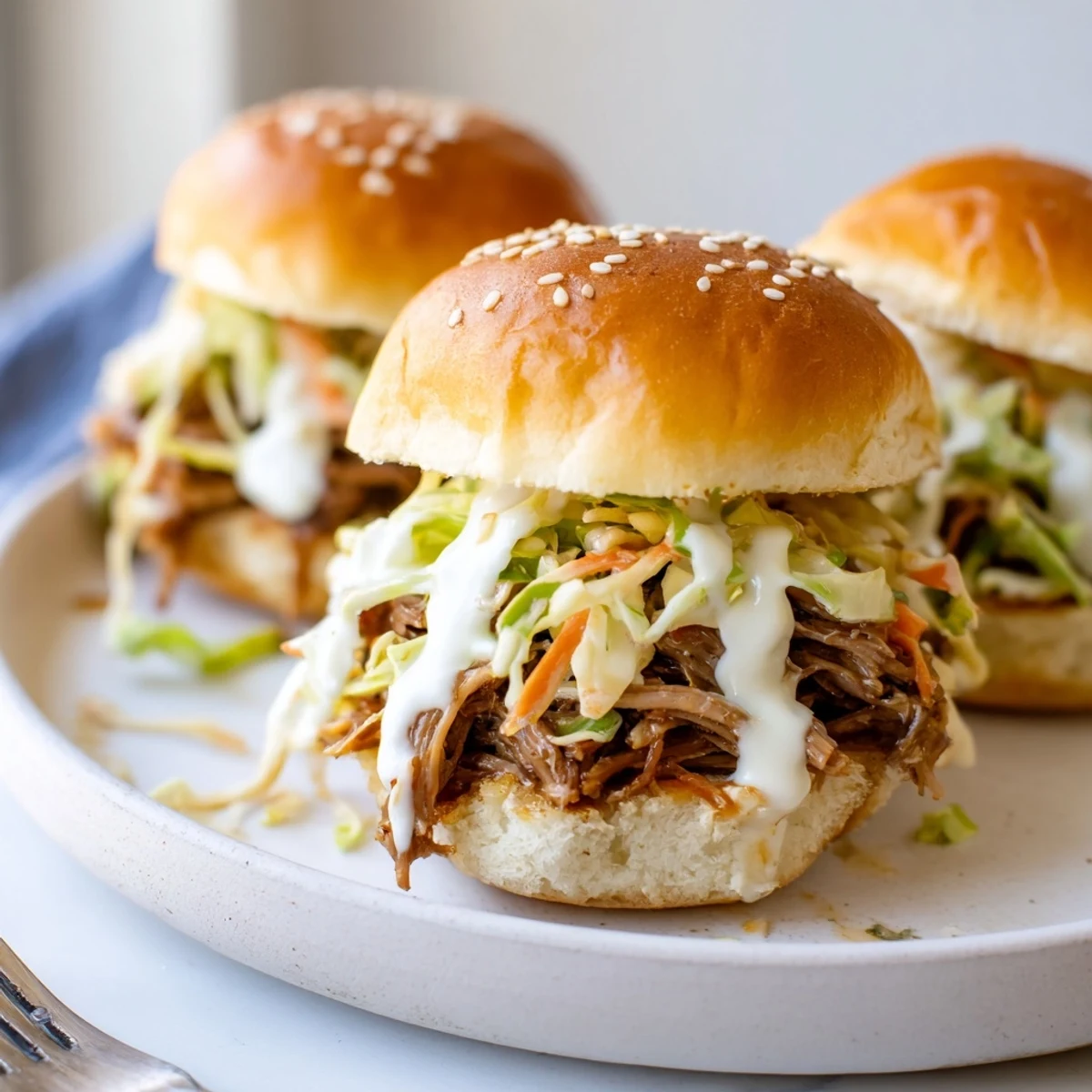 Tangy Alabama white sauce pulled lamb sliders glistening on soft golden buns at a backyard cookout