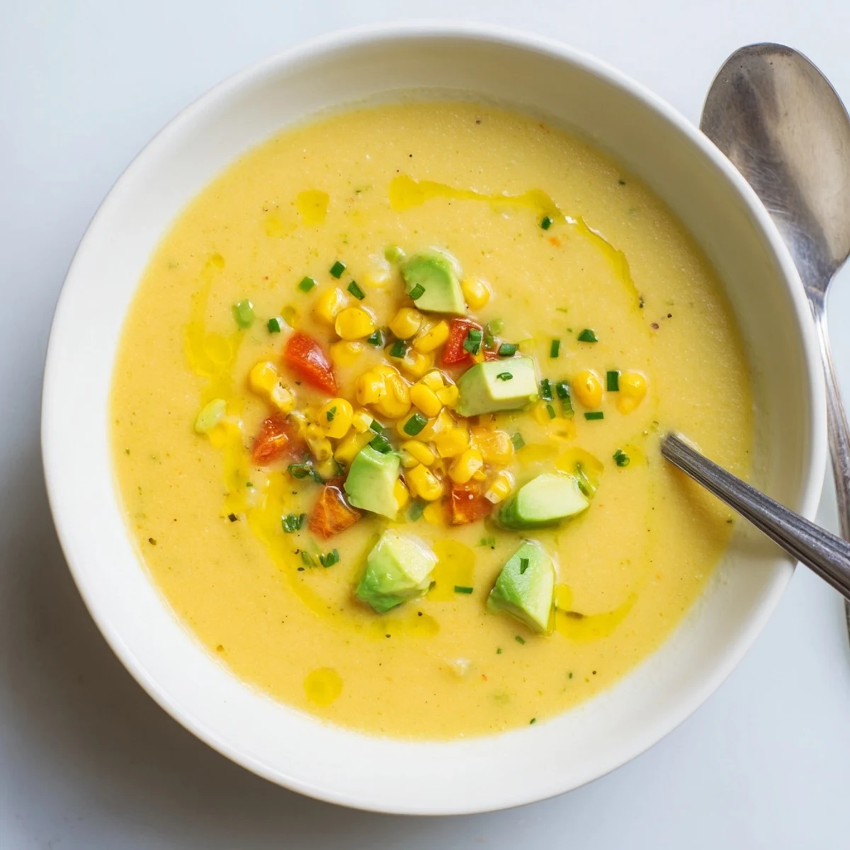 A golden bowl of Summer Sweet Corn Gazpacho topped with fresh avocado and chives