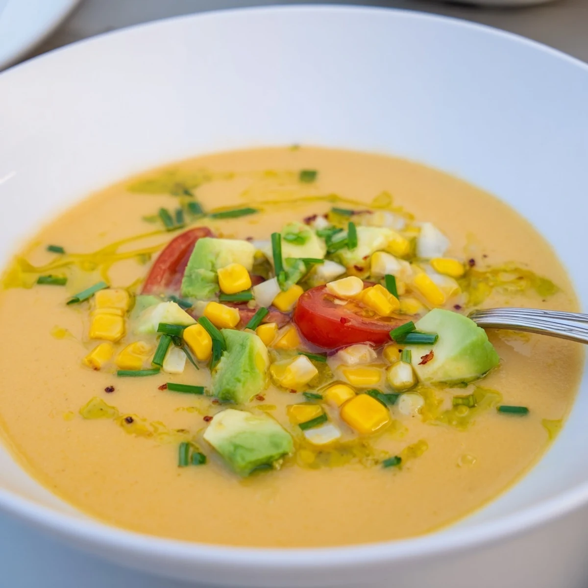 Chilled Summer Sweet Corn Gazpacho served in a rustic bowl with bright vegetable garnishes