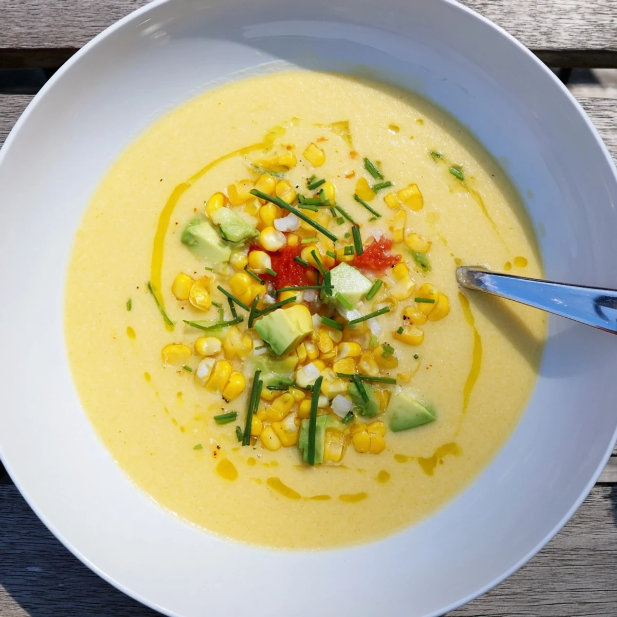 Creamy Summer Sweet Corn Gazpacho garnished with raw corn kernels and a drizzle of olive oil