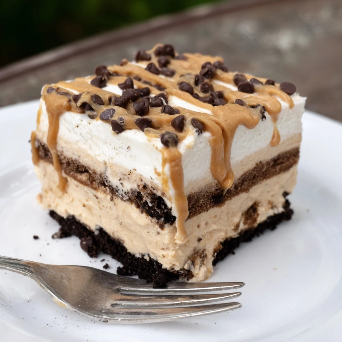 Creamy Peanut Butter Layered Delight sliced into squares revealing chocolate and peanut butter layers