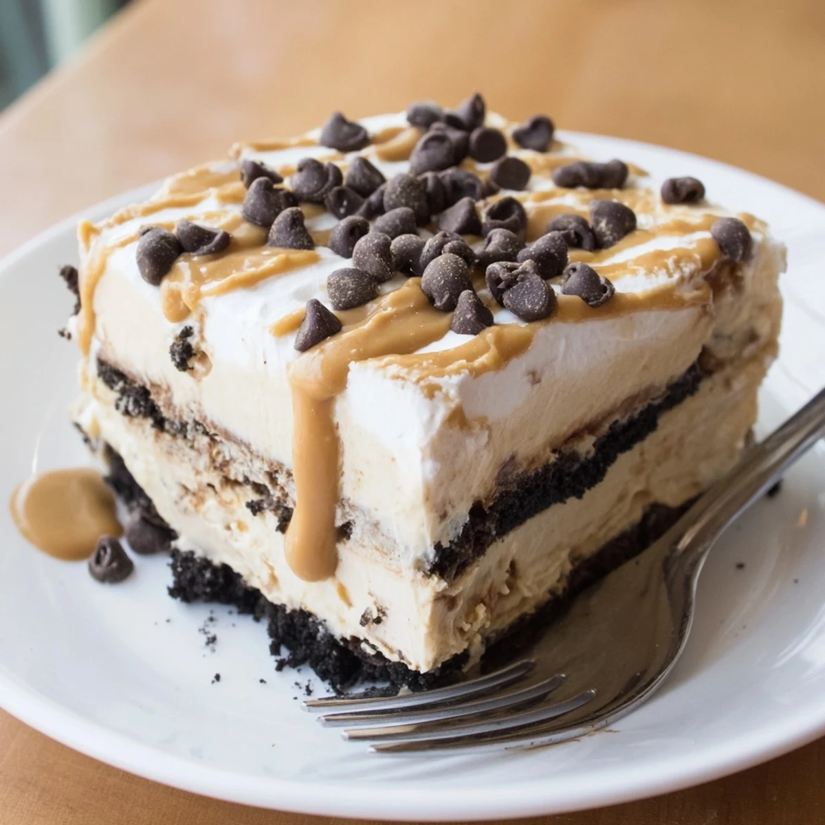 Peanut Butter Layered Delight topped with whipped topping and a rich chocolate drizzle in a baking dish