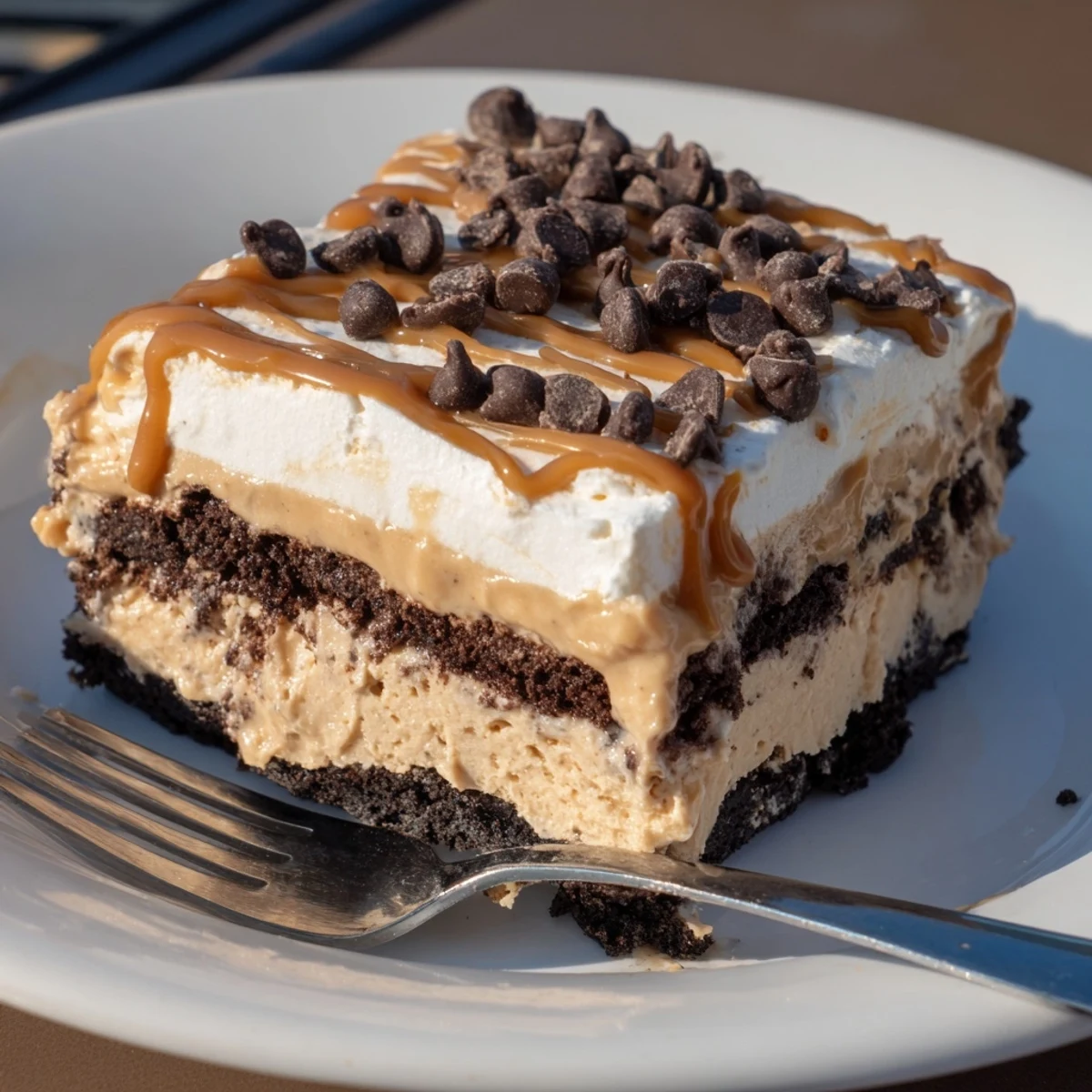 A chilled square of Peanut Butter Layered Delight showcasing a cookie crust pudding and fluffy topping