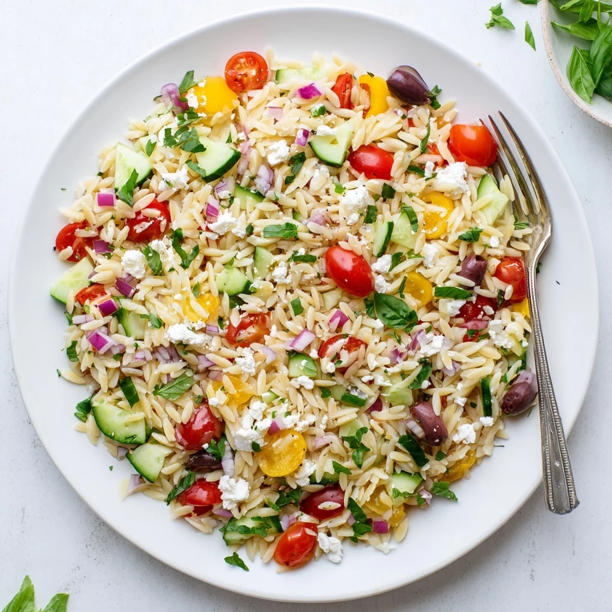 Colorful Mediterranean Orzo Pasta Salad in a bowl with juicy tomatoes and crumbled feta