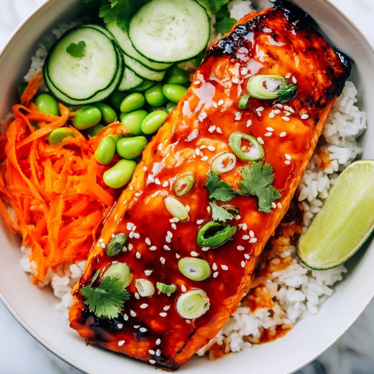 Sriracha honey glazed salmon bowls drizzled with sweet-spicy sauce and sprinkled sesame seeds.