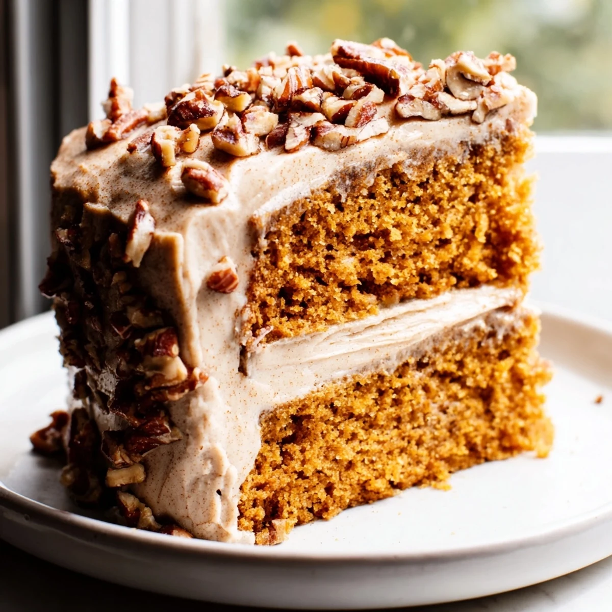 A slice of pumpkin pecan cake with thick cinnamon cream cheese icing on a rustic plate