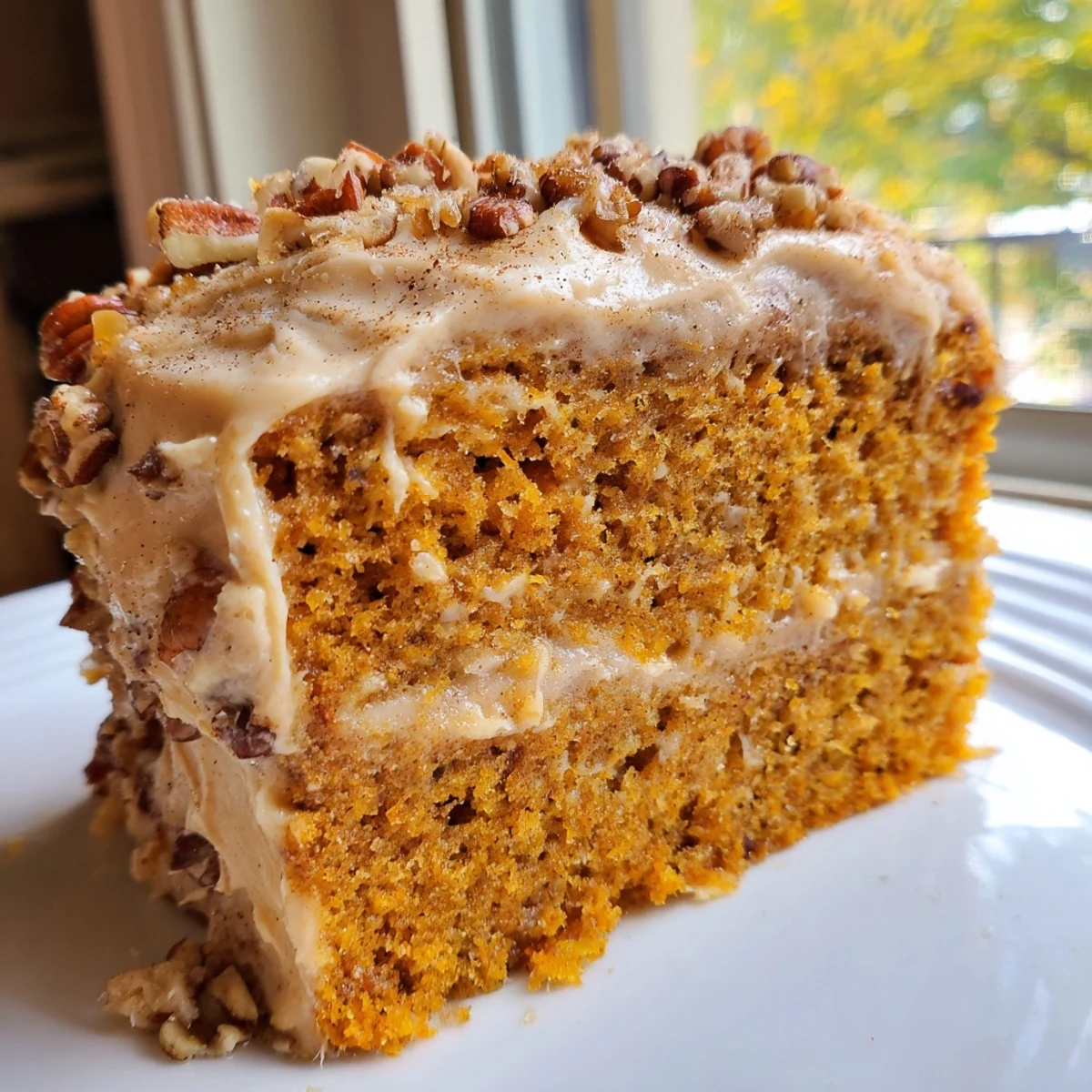 Warm spiced pumpkin pecan cake topped with fluffy cinnamon icing and scattered toasted pecans