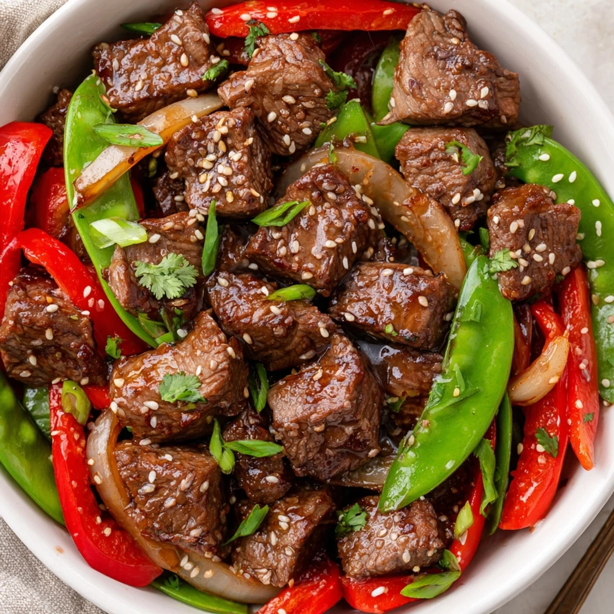 Tender Asian-inspired cube steak plated over jasmine rice with sesame seeds and fresh cilantro