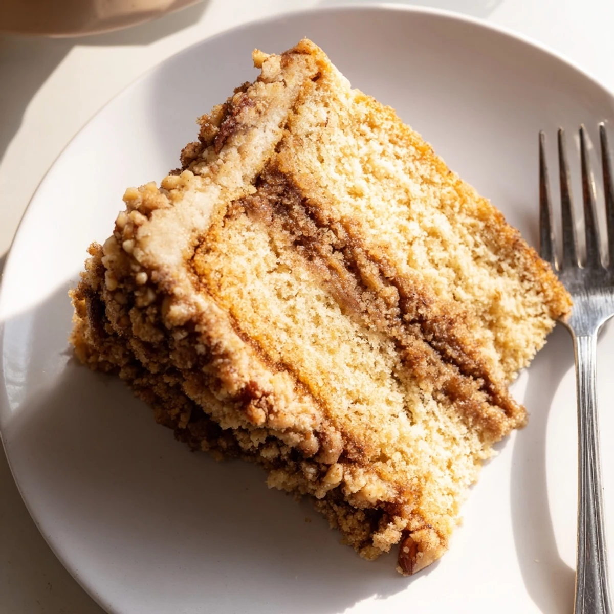 Warm slice of Cinnamon Pecan Crunch Coffee Cake on a rustic white plate