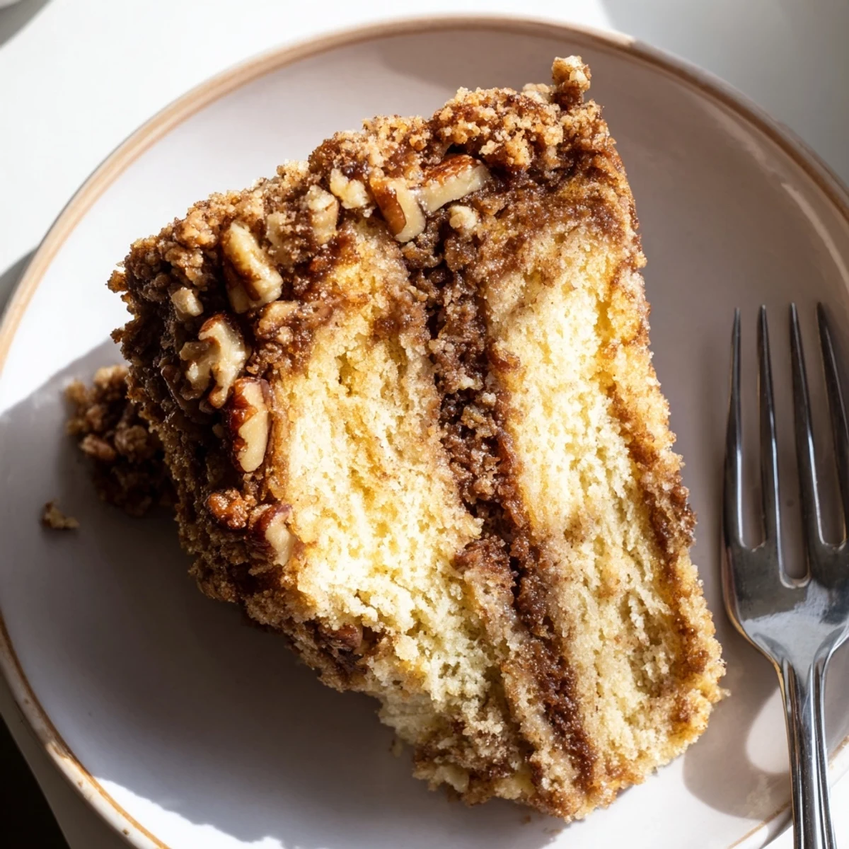Golden Cinnamon Pecan Crunch Coffee Cake fresh from the oven with steam rising