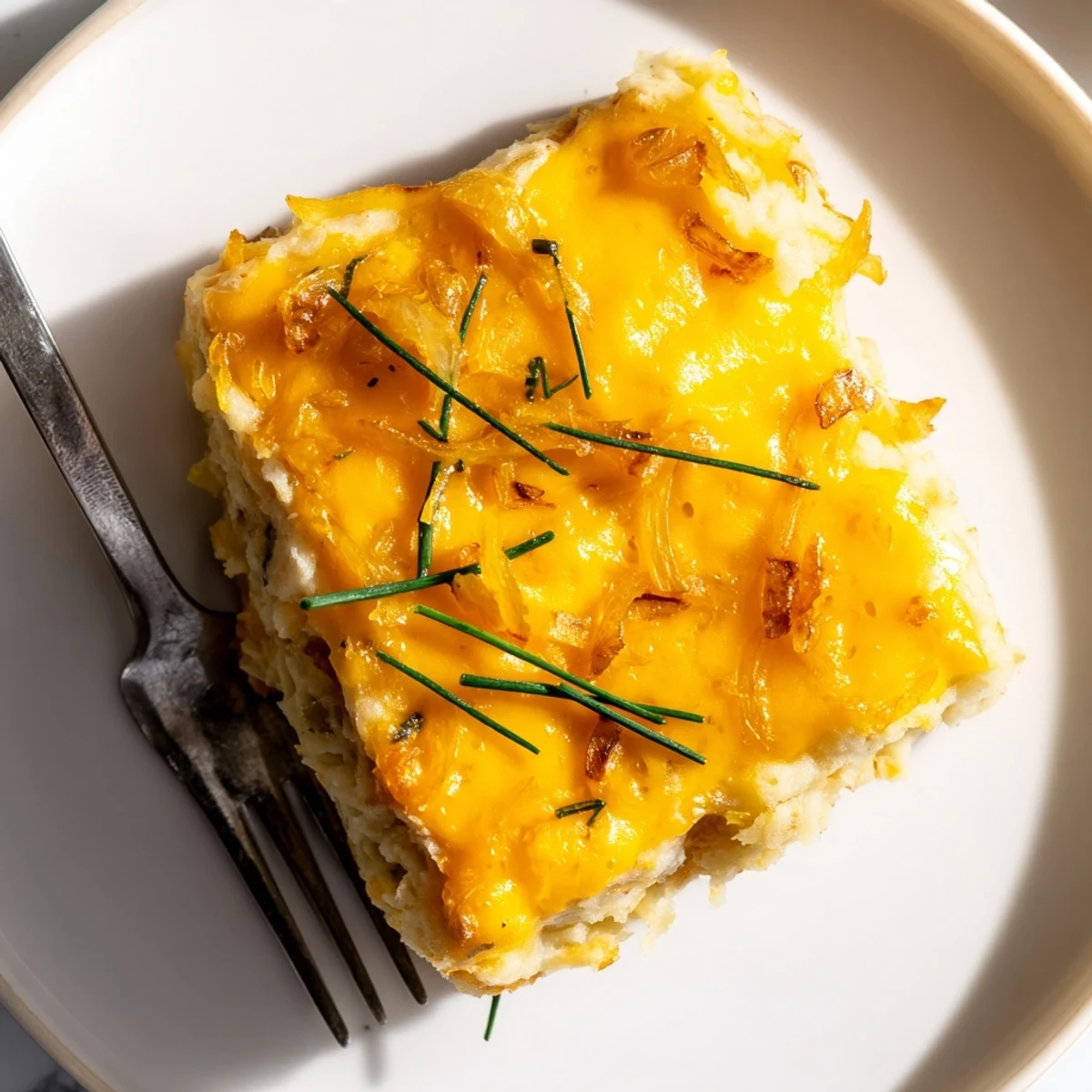 Creamy Cheesy Onion Mashed Potato Casserole bubbling in a rustic 9x13 baking dish