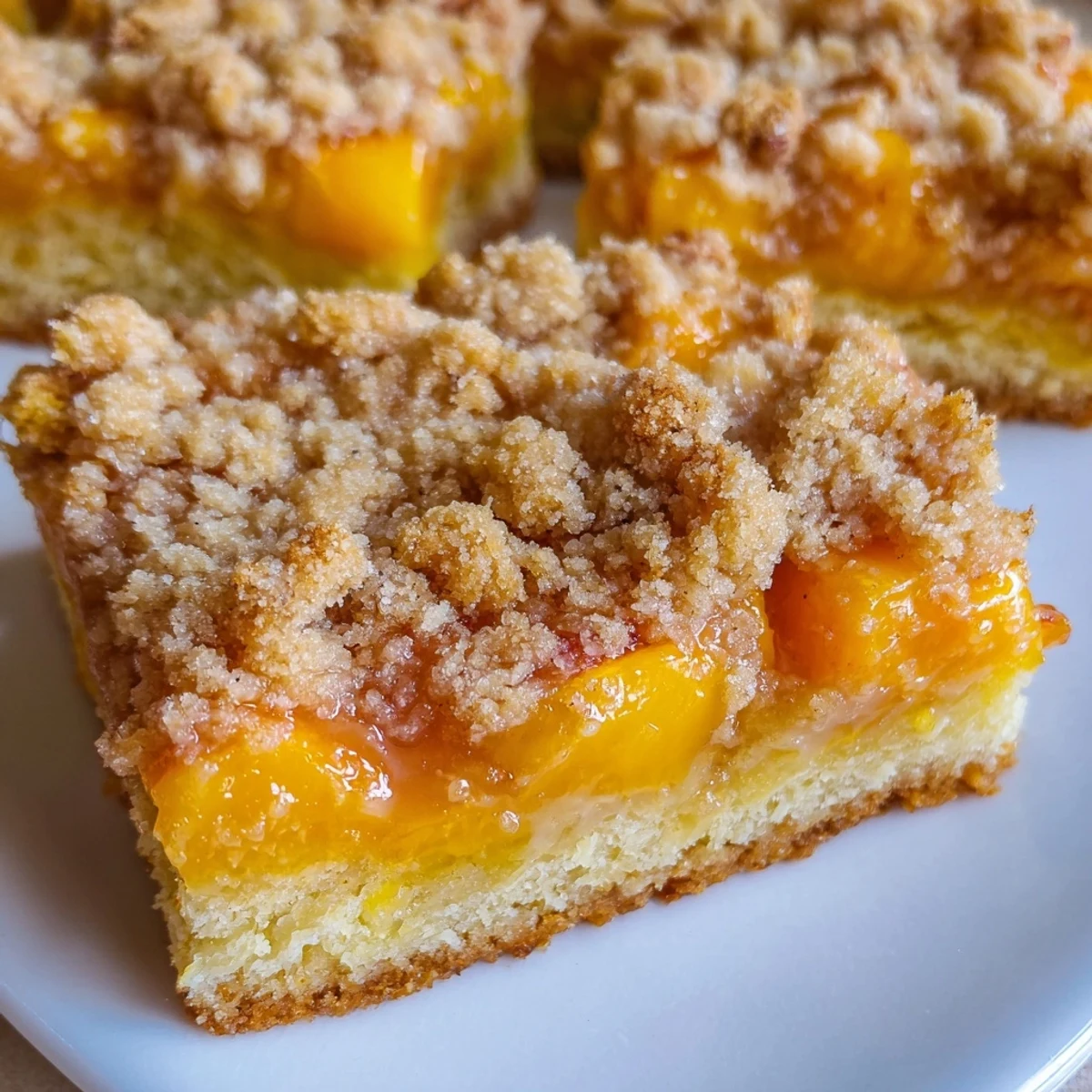 Sweet and buttery peach bars with golden cinnamon streusel crumb topping