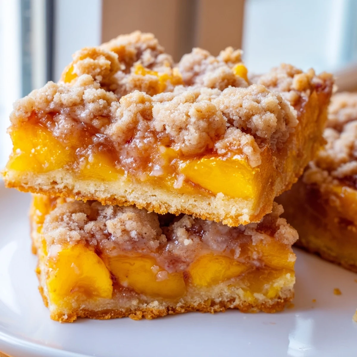 Juicy peach filling bubbles beneath a spiced streusel on buttery crust