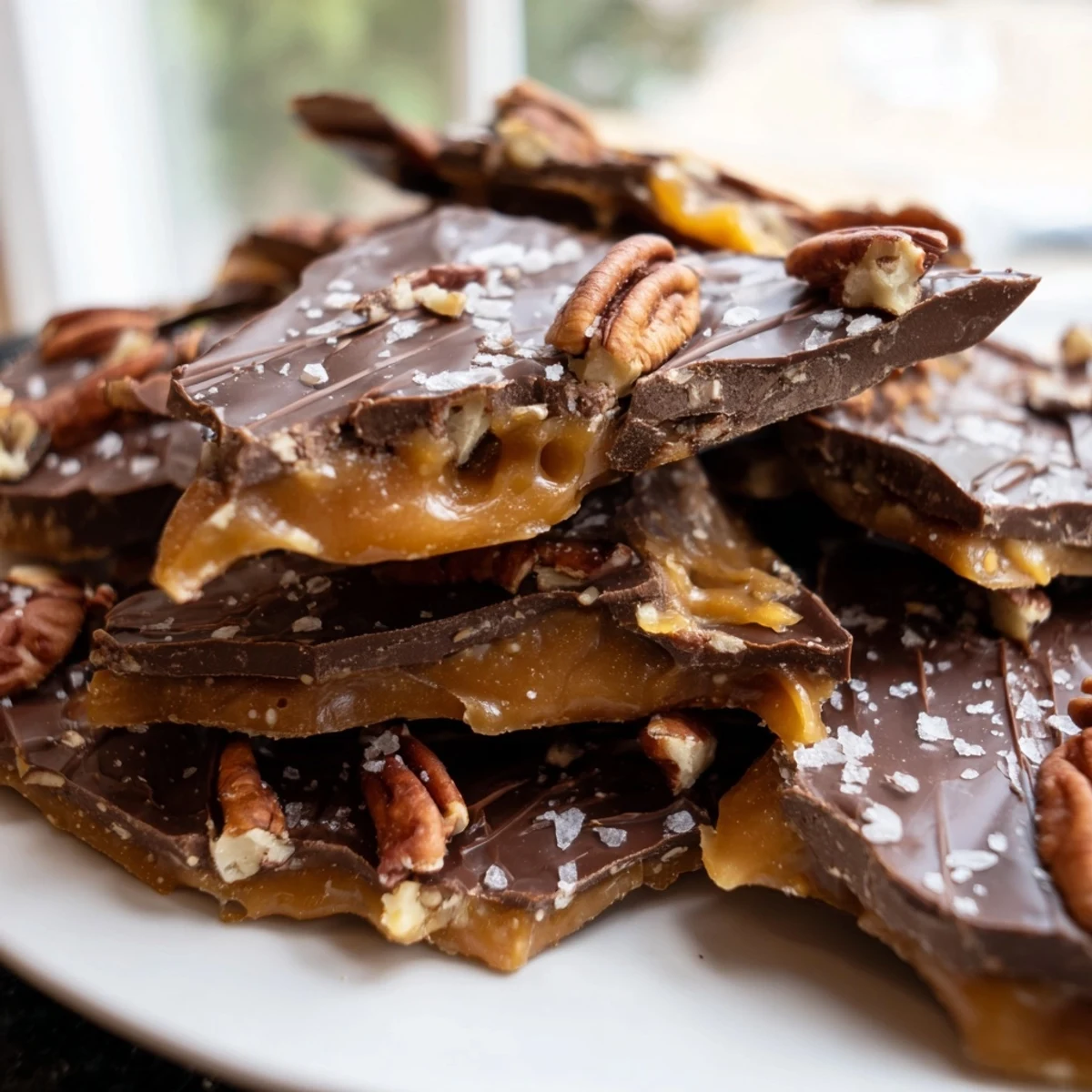 Golden pecan pie bark with gooey caramel, toasted nuts, and melted chocolate