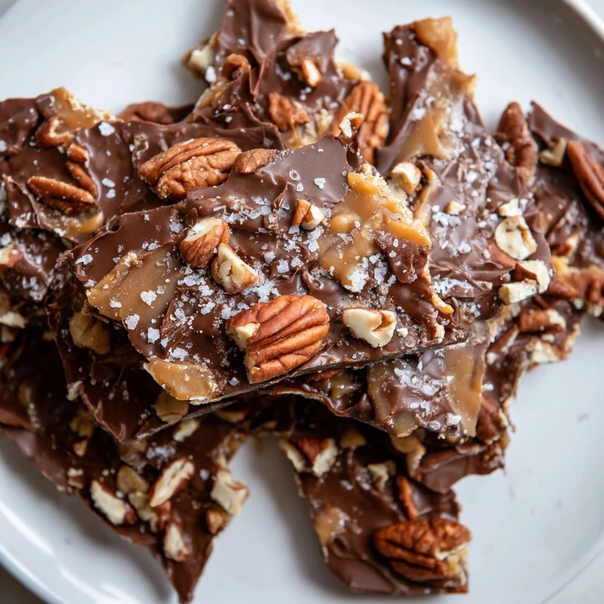 Pecan pie bark broken into rustic shards topped with sea salt flakes