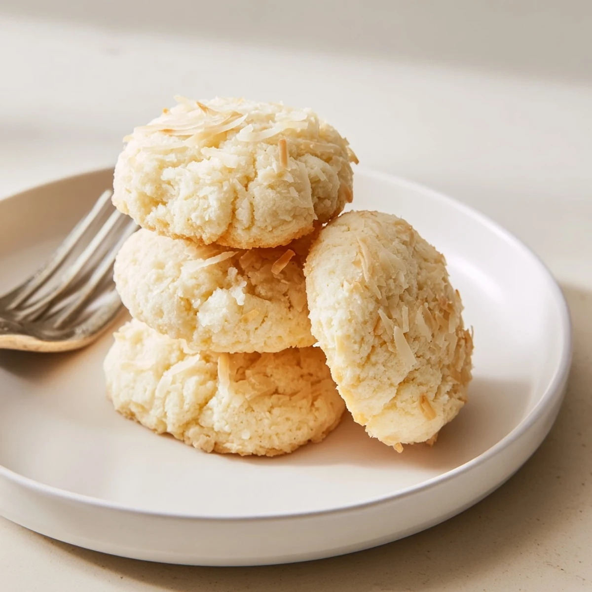 Golden soft and buttery coconut cookies cooling on a rustic wire rack