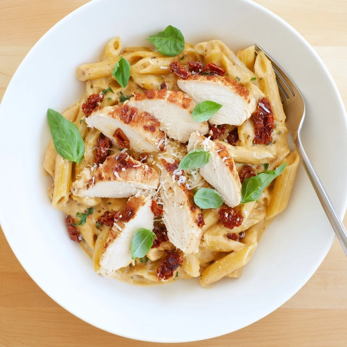 Creamy Sun Dried Tomato Marry Me Chicken Pasta topped with fresh basil and Parmesan