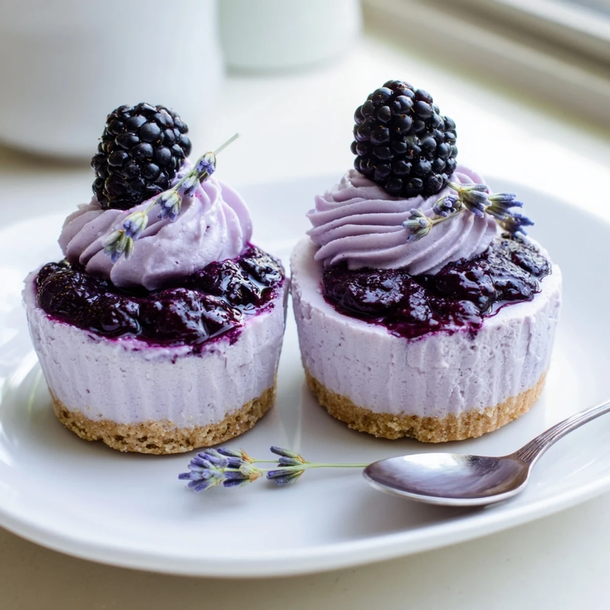 Creamy No Bake Mini Blackberry Lavender Cheesecakes topped with glossy berry sauce and fresh lavender sprigs