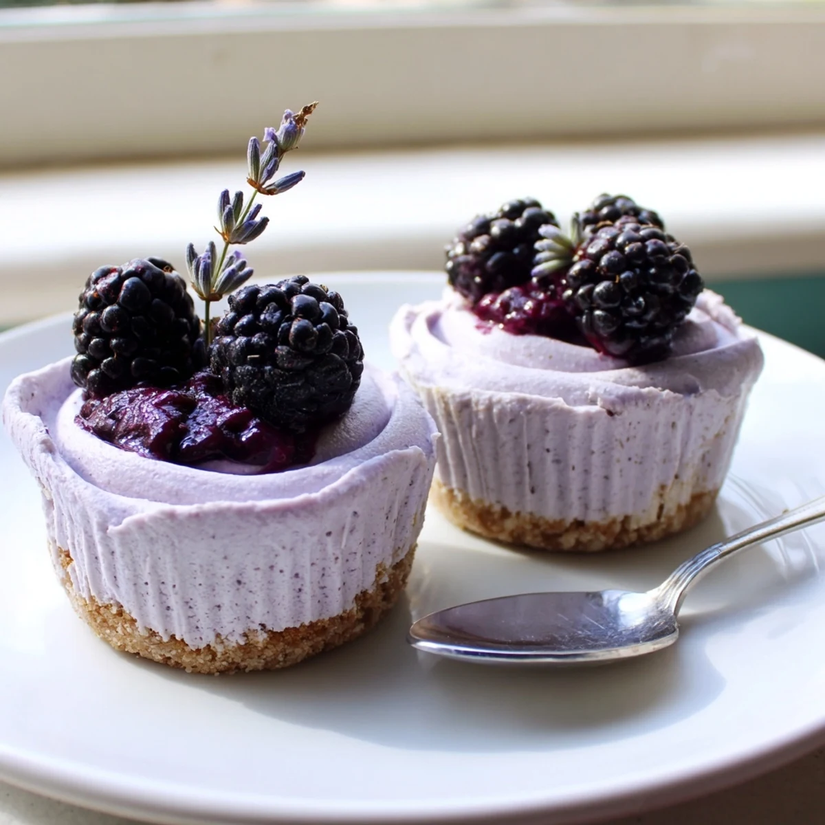 Rich purple blackberry compote pooling over individual No Bake Mini Blackberry Lavender Cheesecakes in paper liners