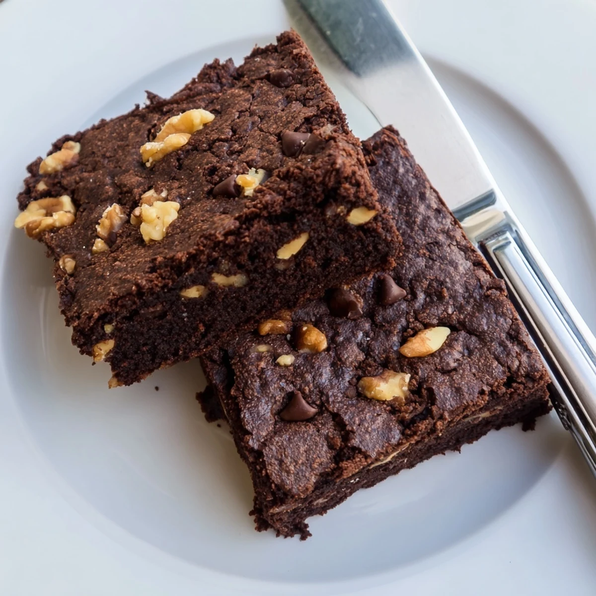 Dense ultimate brownies studded with chocolate chips and chopped walnuts on a rustic cutting board