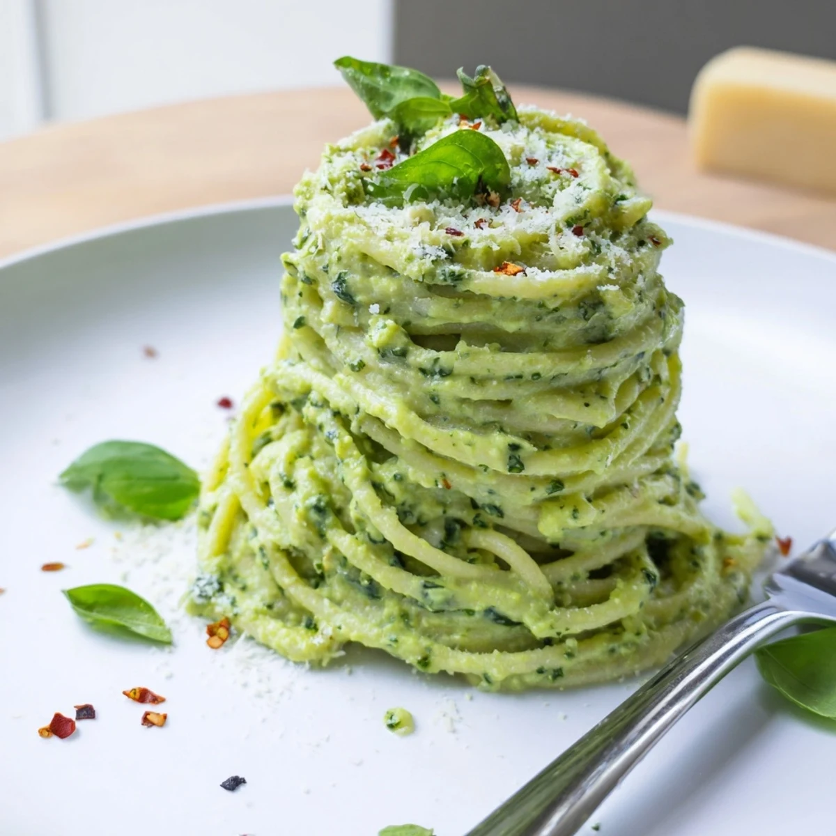 Creamy Green Goddess Pasta Sauce tossed with tender noodles and fresh basil garnish