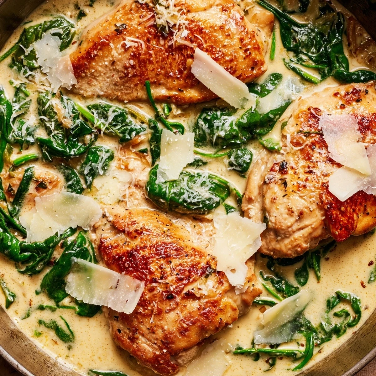 Golden seared Lemon Parmesan Spinach Chicken nestled in a creamy, tangy sauce with wilted greens.