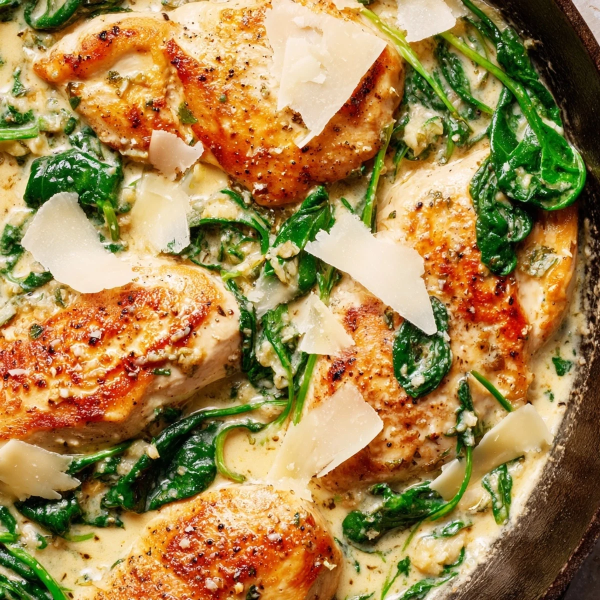 Creamy Lemon Parmesan Spinach Chicken plated on a white dish, drizzled with rich, zesty sauce.