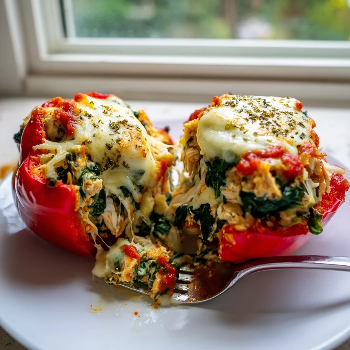 Golden baked chicken Florentine stuffed peppers with melted mozzarella and marinara sauce