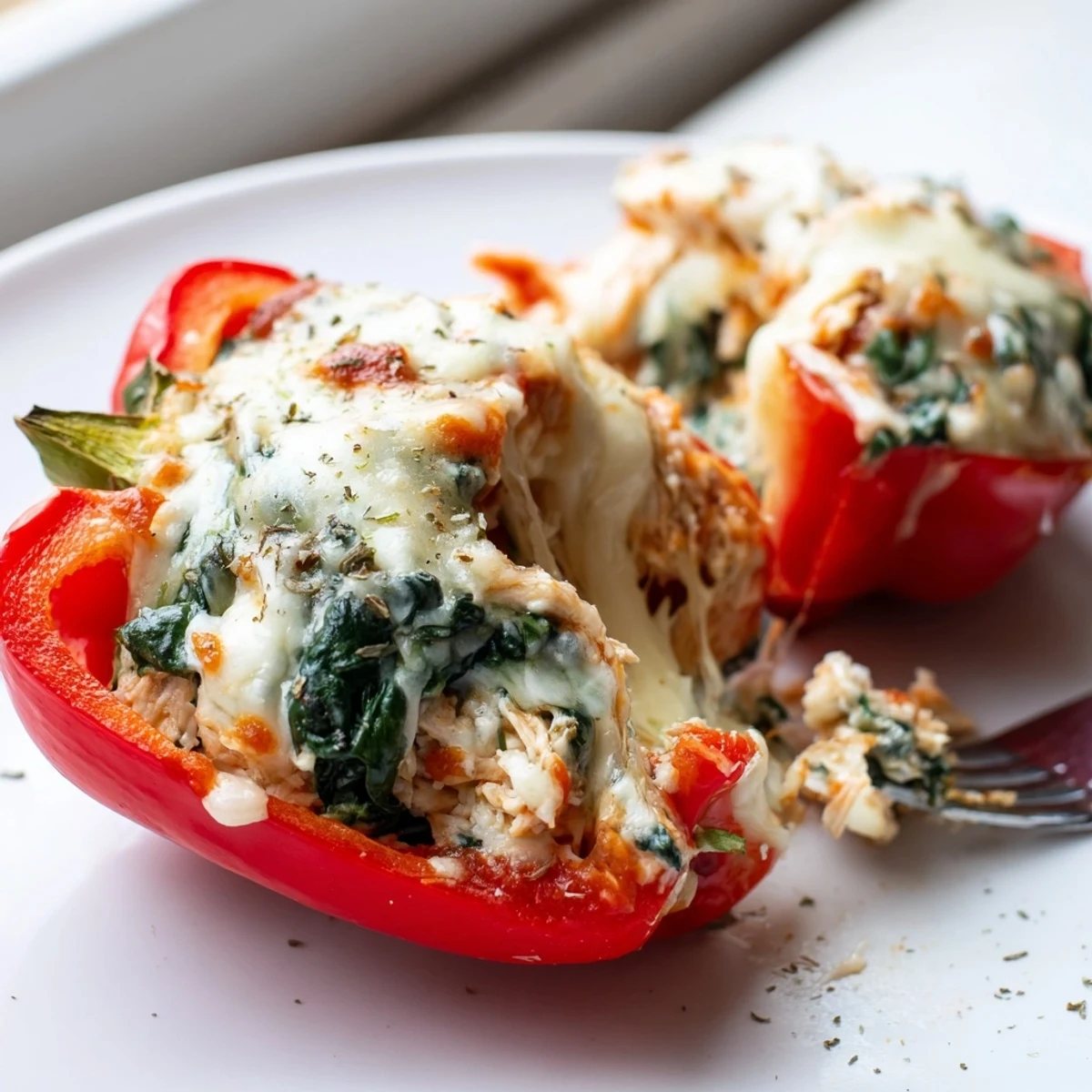 Colorful bell peppers filled with creamy chicken Florentine filling bubbling with melted cheese
