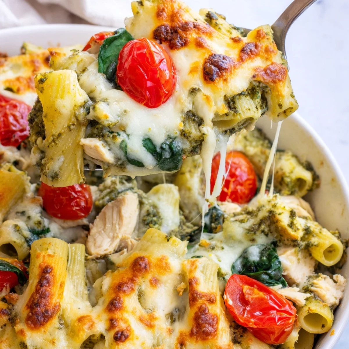 Golden bubbling pesto chicken pasta bake with melted mozzarella and fresh basil leaves