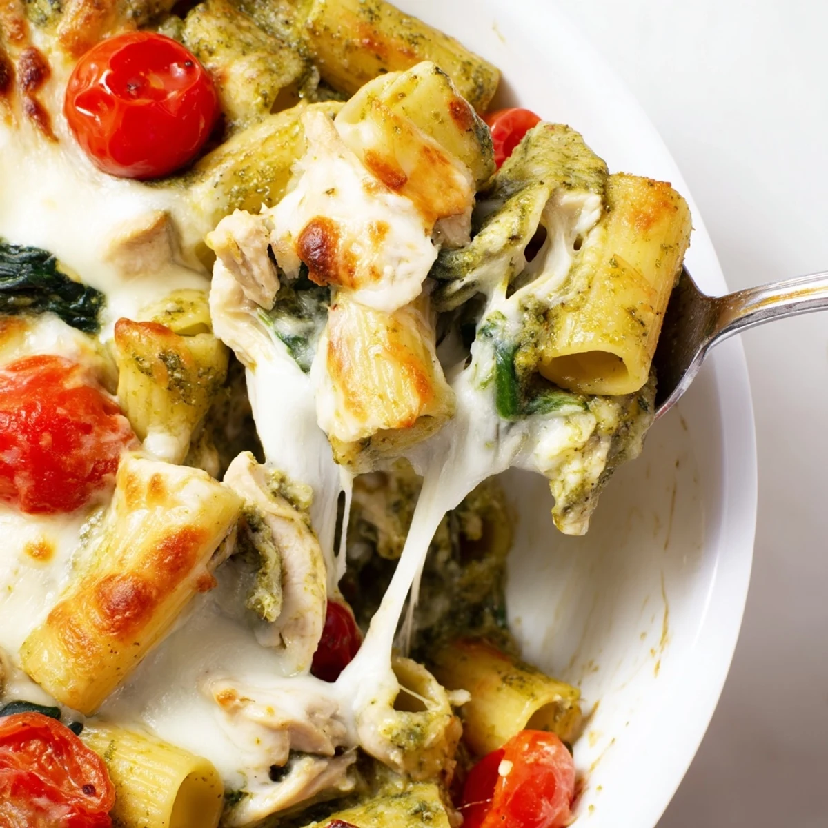Creamy pesto chicken pasta bake scooped from a cast iron baking dish