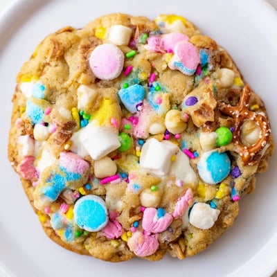 Chewy Easter Trash Cookies with melty marshmallows and crispy cereal bits close-up view