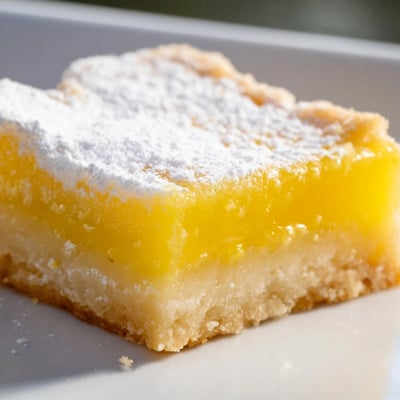 Tangy lemon bar squares with buttery shortbread crust cut on a wooden cutting board