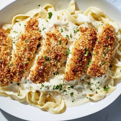Golden crispy chicken Alfredo layered over creamy fettuccine pasta on a plate