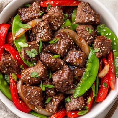 Tender Asian-inspired cube steak plated over jasmine rice with sesame seeds and fresh cilantro