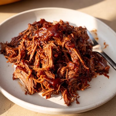 Tender Slow Cooker BBQ Pulled Beef glistening in rich, tangy-sweet barbecue sauce